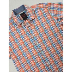 Linea Uomo Stretch Plaid Short Sleeve Button‎ Up Shirt Men's Size L Orange Blue